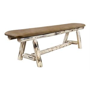 Pemberly Row 6ft Wood Plank Style Bench with Buckskin Upholstery in Natural