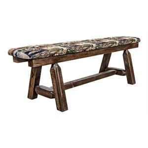 Pemberly Row Transitional 5ft Pine Wood Plank Style Bench in Brown