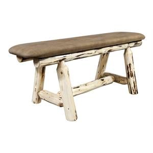 Pemberly Row Wood Plank Style Bench with Buckskin Upholstery in Natural
