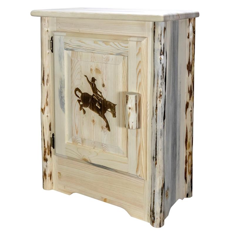 Pemberly Row Wood Accent Cabinet with Engraved Bronc Design in Natural