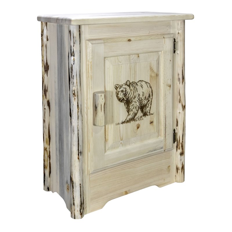 Pemberly Row Wood Accent Cabinet with Engraved Bear Design in Natural