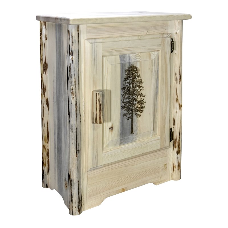 Pemberly Row Wood Accent Cabinet with Laser Engraved Pine in Natural
