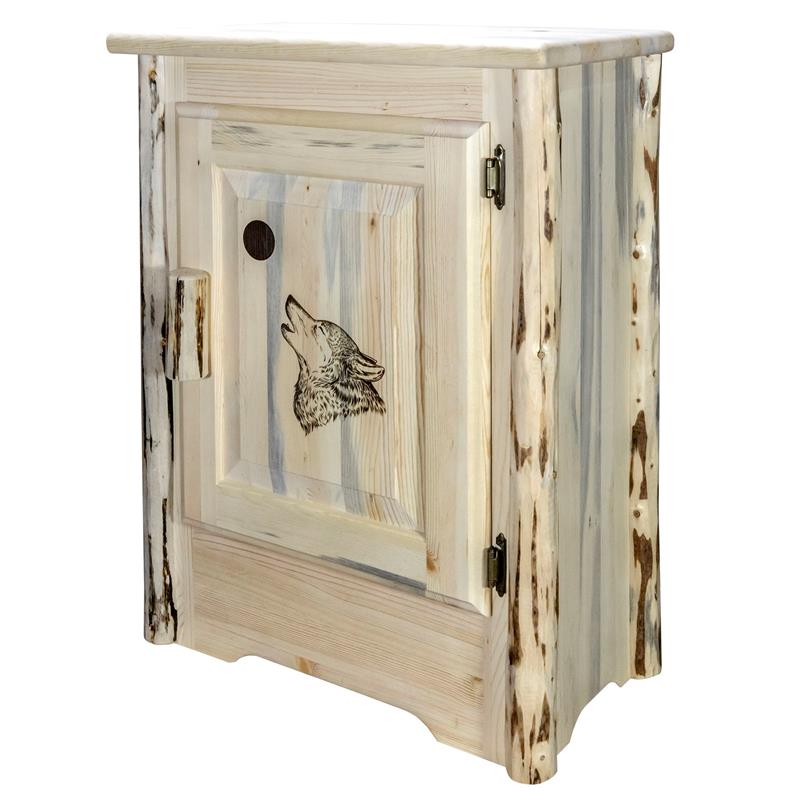 Pemberly Row Wood Accent Cabinet with Laser Engraved Wolf in Natural