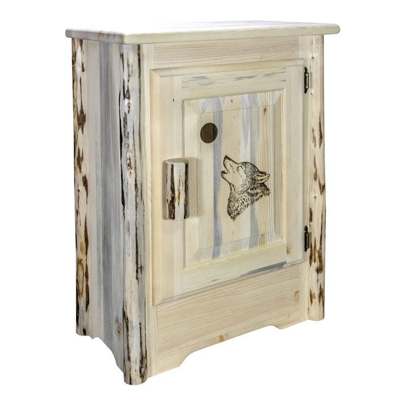 Pemberly Row Wood Accent Cabinet with Laser Engraved Wolf in Natural