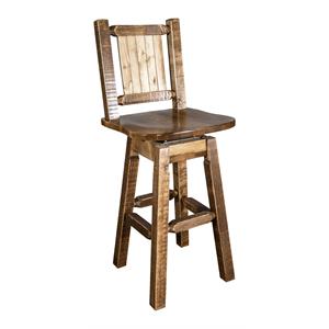 Pemberly Row Transitional 30&quot Wood Barstool with Engraved Wolf in Brown