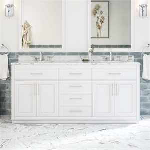 Pemberly Row 72&quot Double Vanity in White with White Countertop and Power Bar
