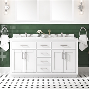 Pemberly Row 60&quot Double Bathroom Vanity in White with White Countertop