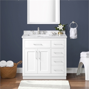 Pemberly Row 36&quot Bathroom Vanity in White with White Countertop and Power Bar