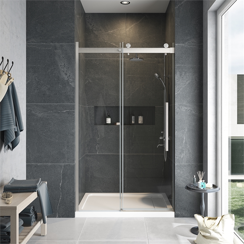 Pemberly Row Brushed Nickel Shower Kit Base and Door 32