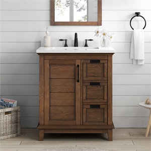 Pemberly Row 30&quot Bathroom Vanity in Antique Oak with White Countertop
