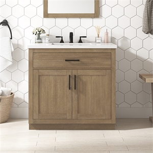 Pemberly Row 36&quot Bathroom Vanity in Driftwood Oak with White Countertop