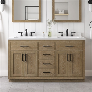 Pemberly Row 60&quot Double Bathroom Vanity in Driftwood Oak with White Countertop