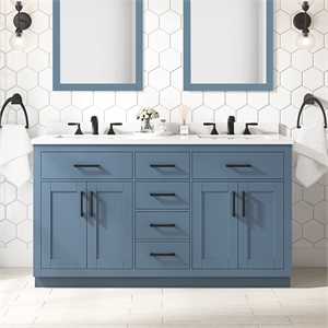 Pemberly Row 60&quot Double Bathroom Vanity in Blue Lagoon with White Countertop