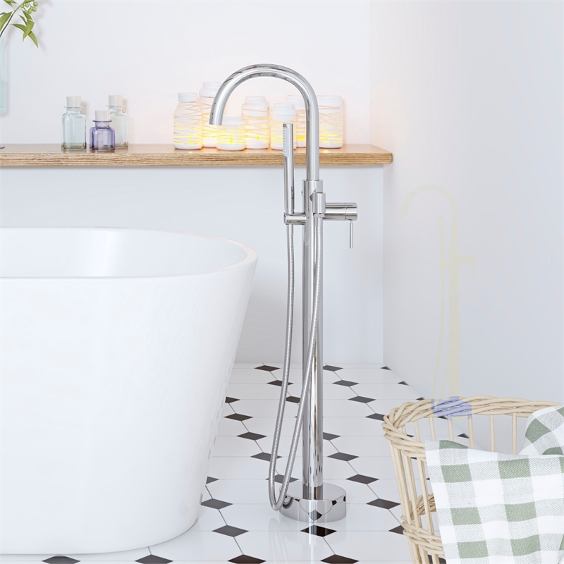 Pemberly Row 1-Handle Freestanding Roman Tub Faucet with Hand Shower in Nickel