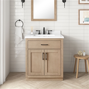 Pemberly Row 30&quot Bathroom Vanity in Sahara Birch with White Countertop