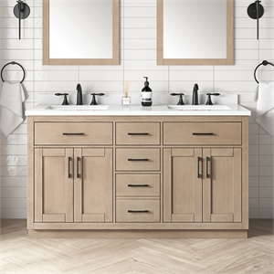 Pemberly Row 60&quot Double Bathroom Vanity in Sahara Birch with White Countertop