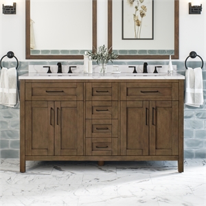 Pemberly Row 60&quot Double Vanity in Almond Latte with White Countertop & Power Bar