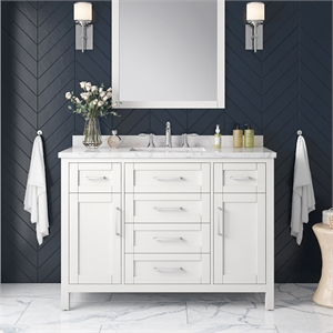 Pemberly Row 48&quot Bathroom Vanity in White with Carrara Marble Countertop