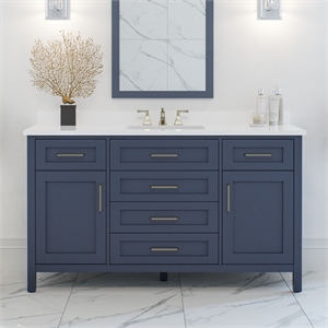 Pemberly Row 60&quot Double Vanity in Midnight Blue with Countertop and Power Bar