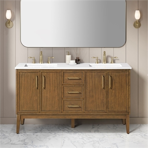Pemberly Row 60&quot Bathroom Vanity in Warm Walnut with White Countertop