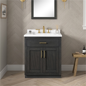 Pemberly Row 30&quot Bathroom Vanity in Matte Black Wood with White Countertop