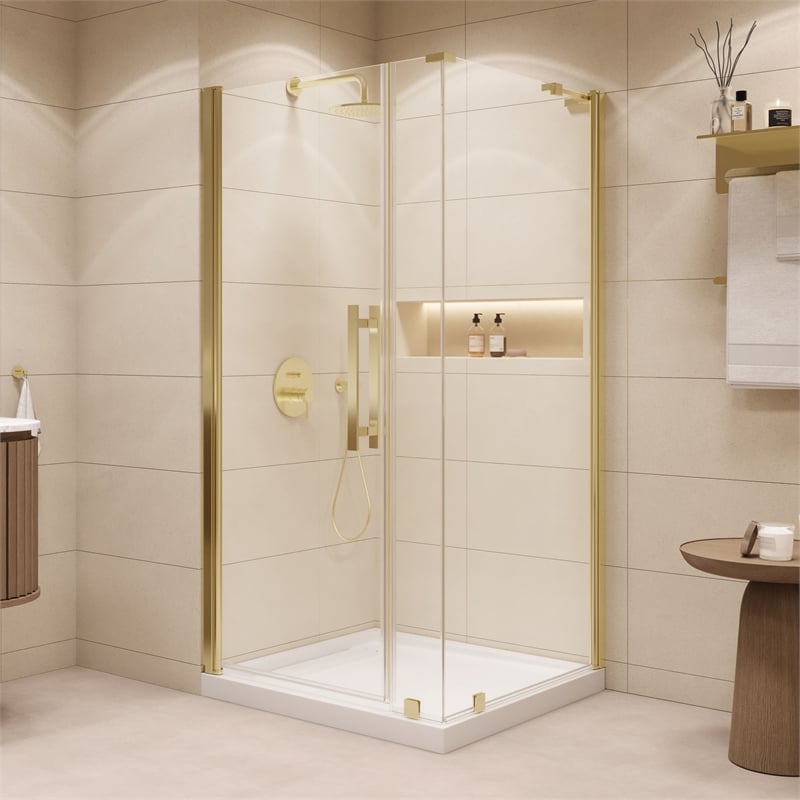 Pemberly Row 36 x 36 x 74-3/4 Corner Shower Kit with Base & Door in Brushed Gold