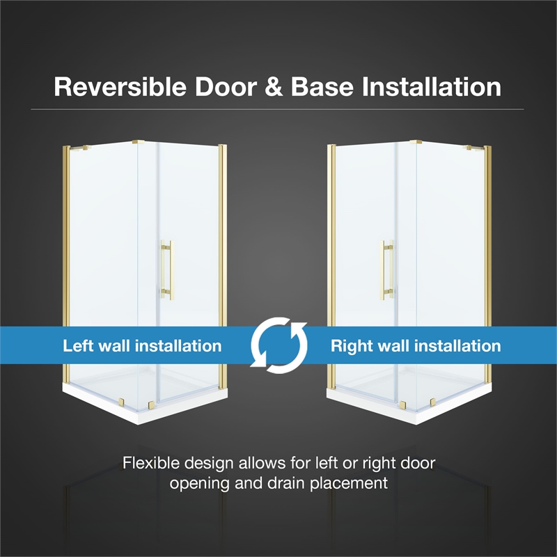 Pemberly Row 36 x 36 x 74-3/4 Corner Shower Kit with Base & Door in Brushed Gold