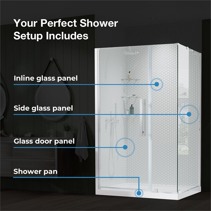 Pemberly Row 36 x 36 x 74-3/4 Corner Shower Kit with Base & Door in Brushed Gold
