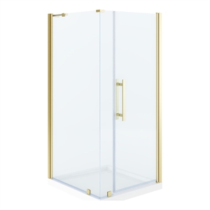 Pemberly Row 36 x 36 x 74-3/4 Corner Shower Kit with Base & Door in Brushed Gold