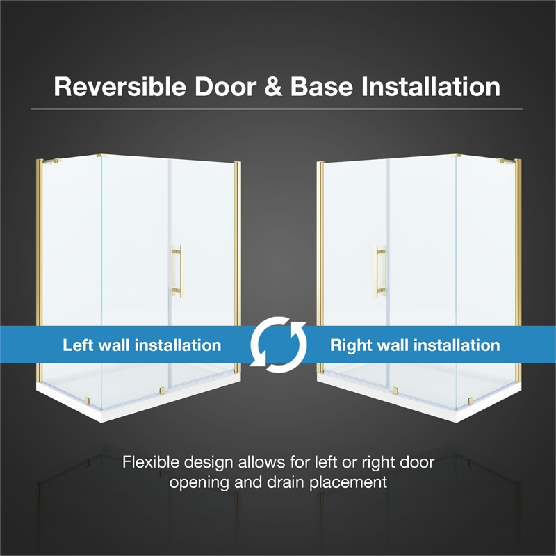 Pemberly Row 60 x 36 x 74-3/4 Corner Shower Kit with Base & Door in Brushed Gold