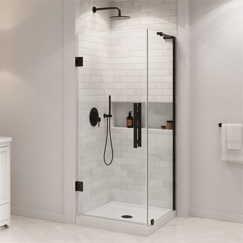Pemberly Row 32 x 32 x 74-3/4 Corner Shower Kit with Base and Door in Black