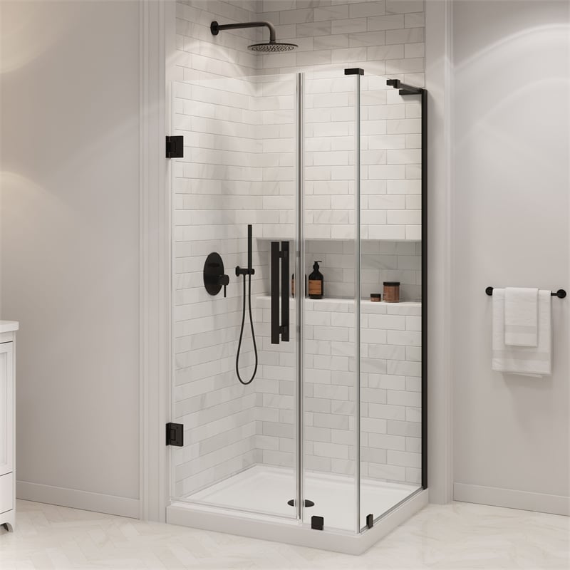 Pemberly Row 36 x 36 x 74-3/4 Corner Shower Kit with Base and Door in Black