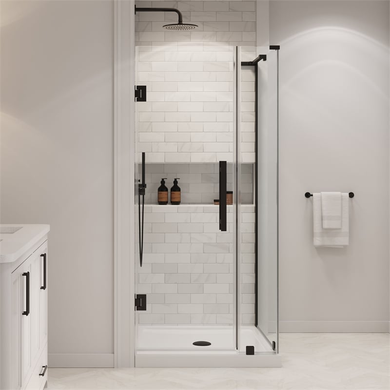 Pemberly Row 36 x 36 x 74-3/4 Corner Shower Kit with Base and Door in Black