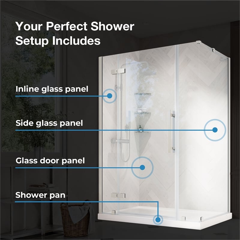Pemberly Row 54 x 36 x 74-3/4 Shower Kit with Base and Door in Satin Nickel