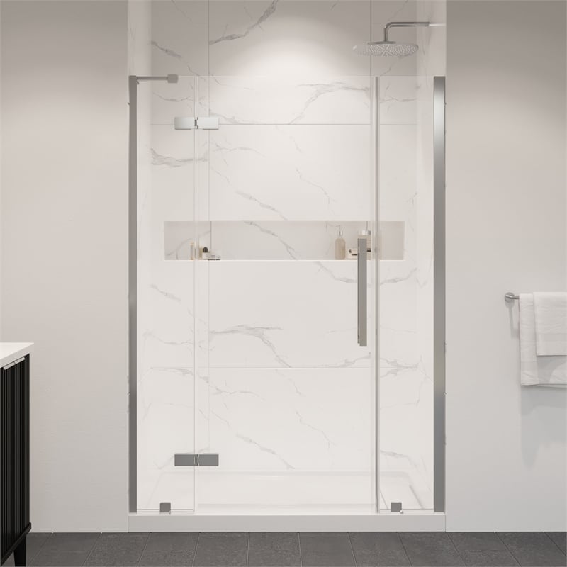 Pemberly Row 54 x 36 x 74-3/4 Shower Kit with Base and Door in Satin Nickel