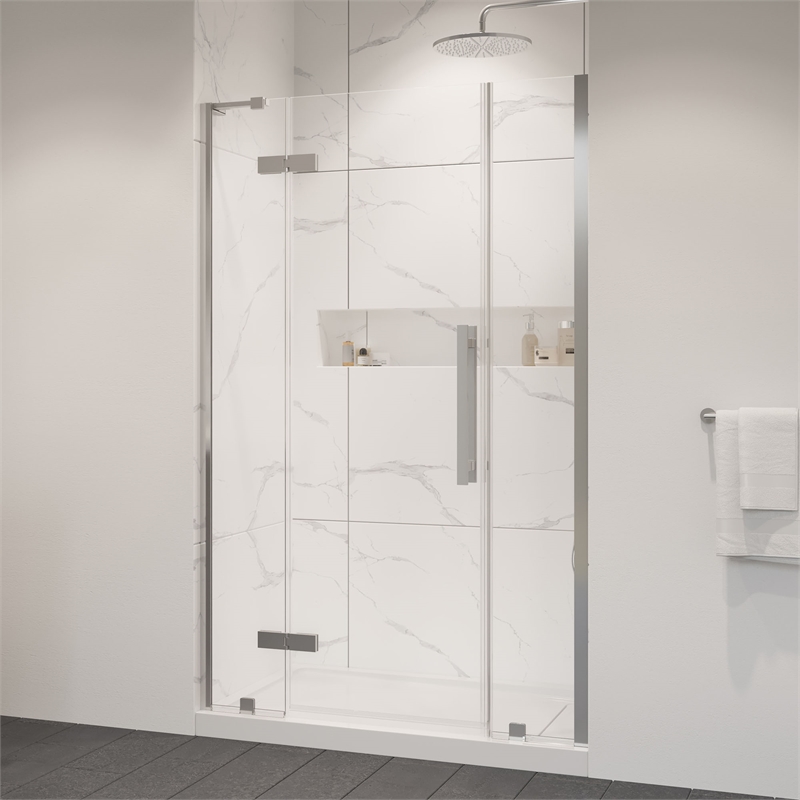 Pemberly Row 48 x 32 x 74-3/4 Shower Kit with Base and Door in Satin Nickel
