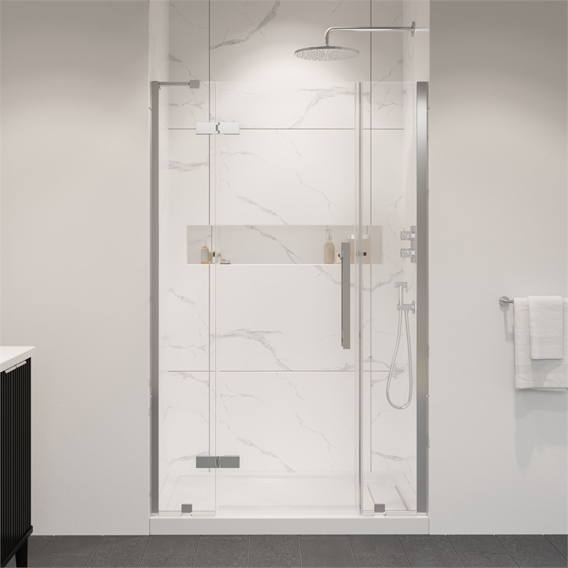 Pemberly Row 48 x 32 x 74-3/4 Shower Kit with Base and Door in Satin Nickel