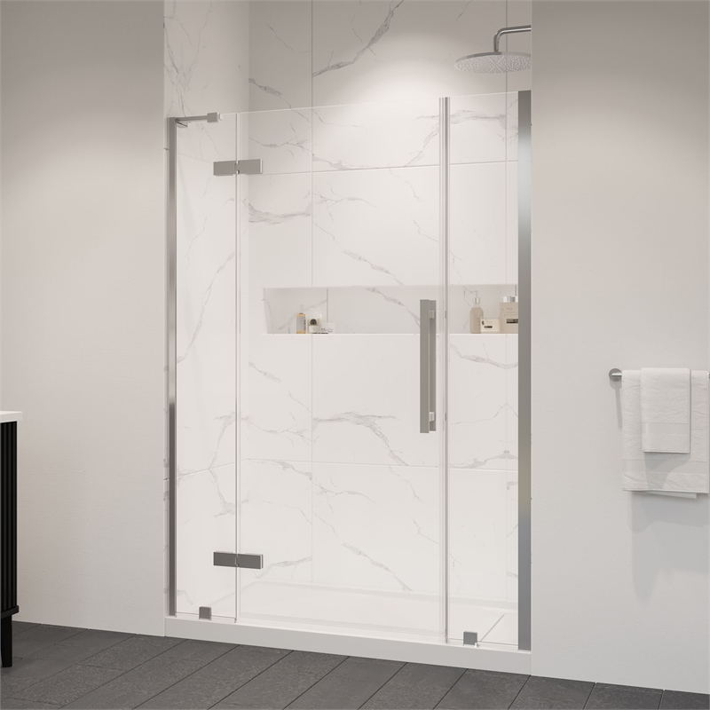 Pemberly Row 54 x 32 x 74-3/4 Shower Kit with Base and Door in Satin Nickel