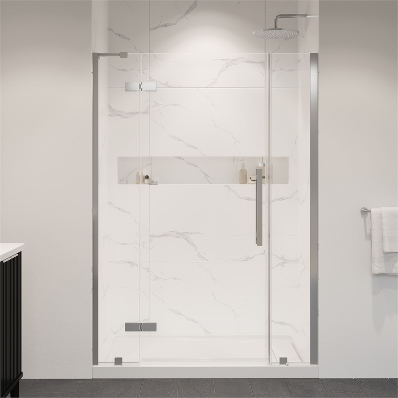 Pemberly Row 54 x 32 x 74-3/4 Shower Kit with Base and Door in Satin Nickel