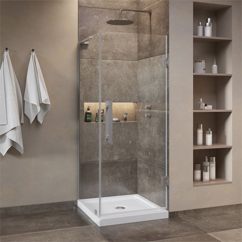 Pemberly Row 32 x 32 x 74-3/4 Corner Shower Kit with Base & Door in Satin Nickel
