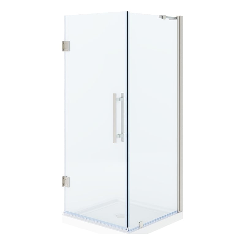 Pemberly Row 32 x 32 x 74-3/4 Corner Shower Kit with Base & Door in Satin Nickel
