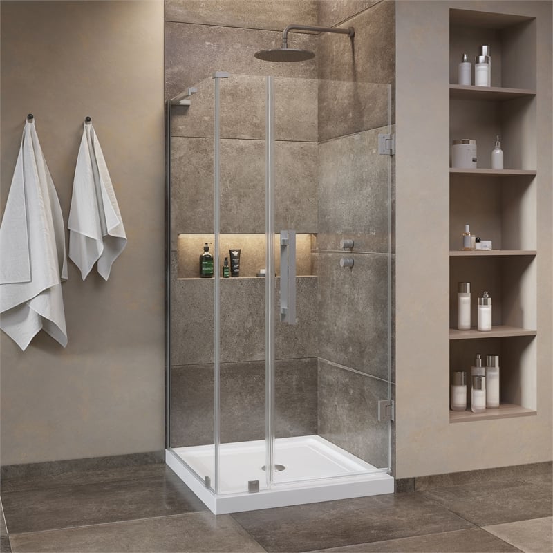Pemberly Row 36 x 36 x 74-3/4 Corner Shower Kit with Base & Door in Satin Nickel