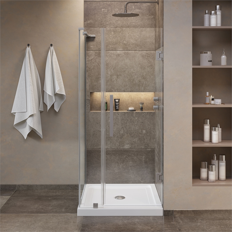 Pemberly Row 36 x 36 x 74-3/4 Corner Shower Kit with Base & Door in Satin Nickel