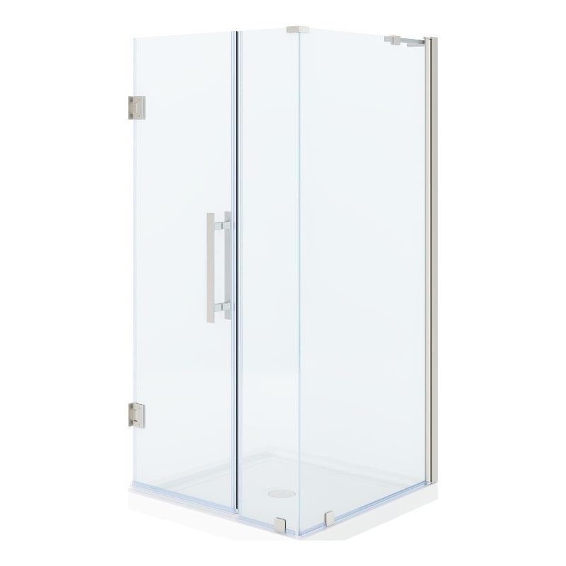 Pemberly Row 36 x 36 x 74-3/4 Corner Shower Kit with Base & Door in Satin Nickel