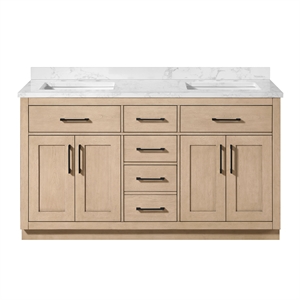 Pemberly Row 60&quot Sahara Birch Vanity with Top and Matte Black Hardware