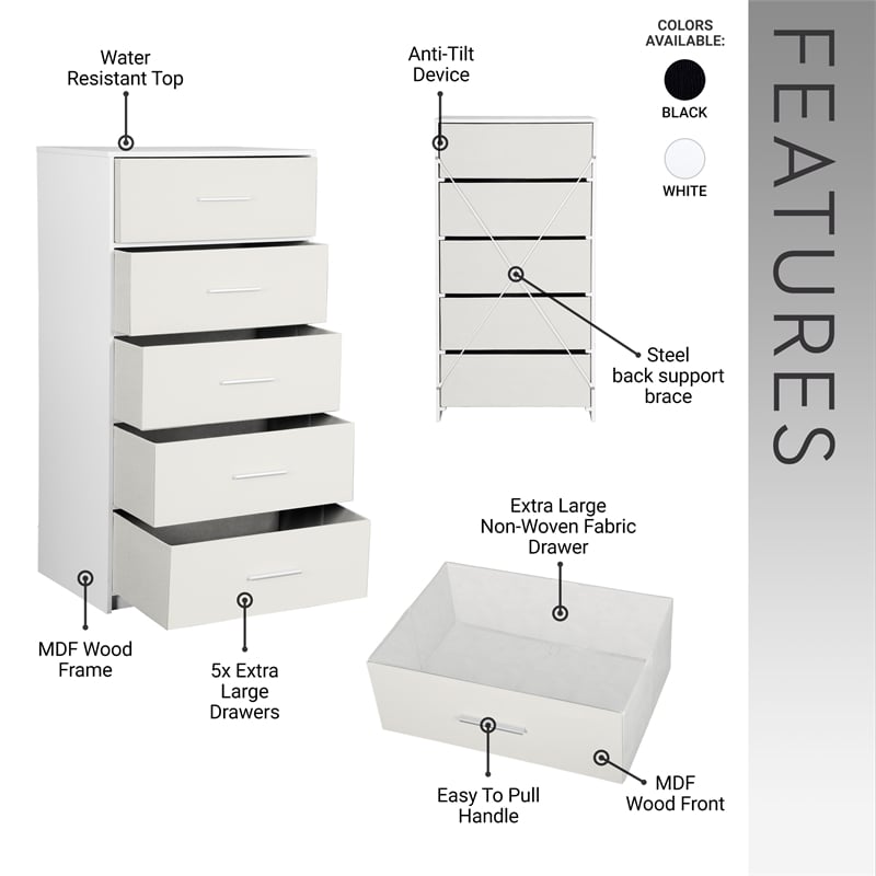 Pemberly Row Modern 5-Drawer Dresser with Large Fabric Drawers in White