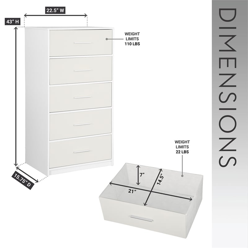 Pemberly Row Modern 5-Drawer Dresser with Large Fabric Drawers in White