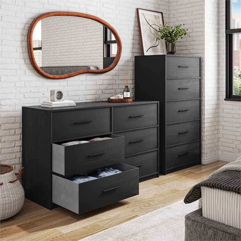 Pemberly Row Modern 5-Drawer Dresser with Large Fabric Drawers in Black