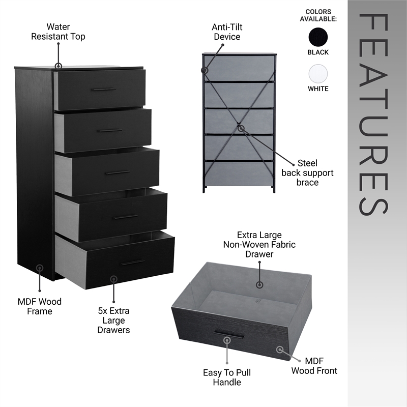 Pemberly Row Modern 5-Drawer Dresser with Large Fabric Drawers in Black