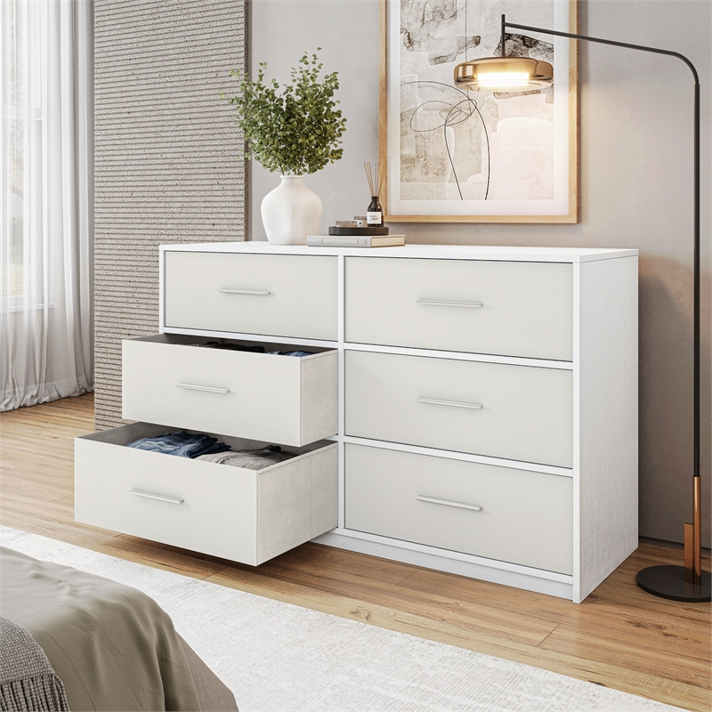 Pemberly Row Modern 6-Drawer Dresser with Large Fabric Drawers in White